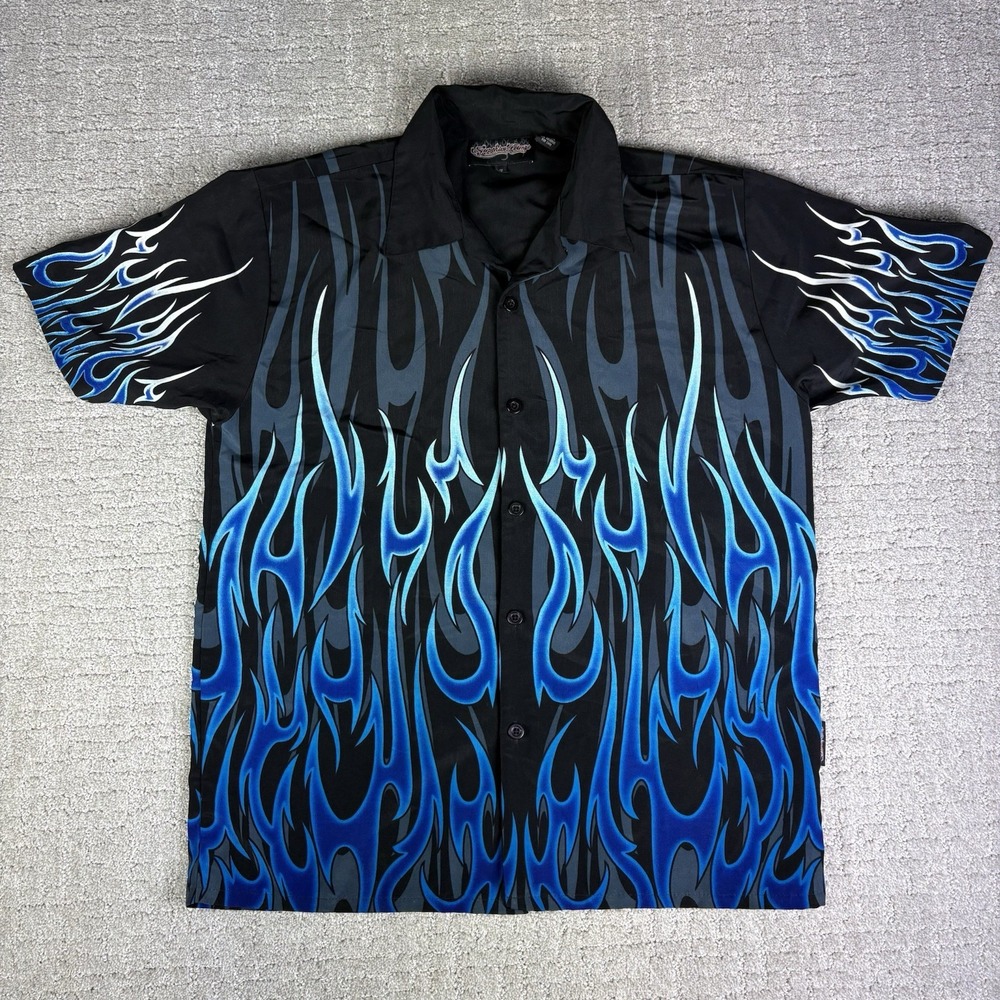 Vintage Sapphire Lounge Shirt Mens Small Black Blue Flames Button Down Casual